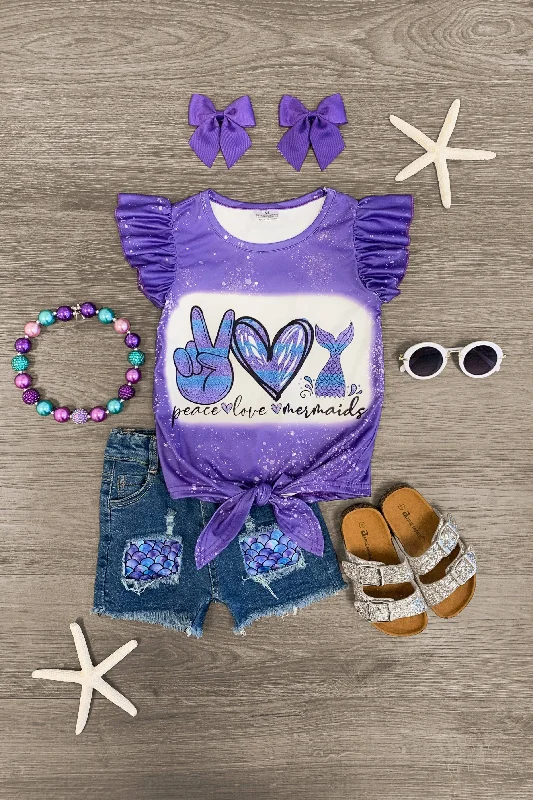 "Peace Love Mermaids" Purple Denim Short Set