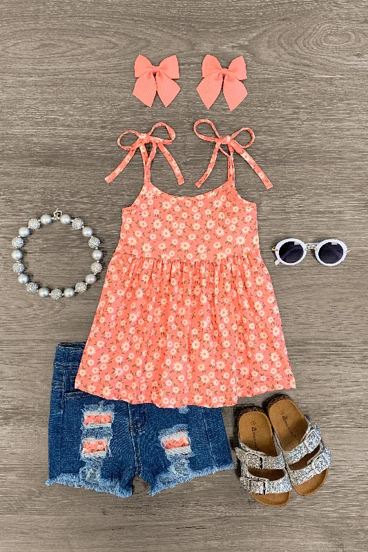 Coral Daisy Denim Short Set