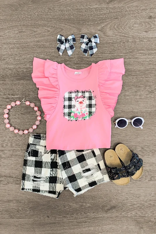 Pink Pig Plaid Distressed Denim Short Set