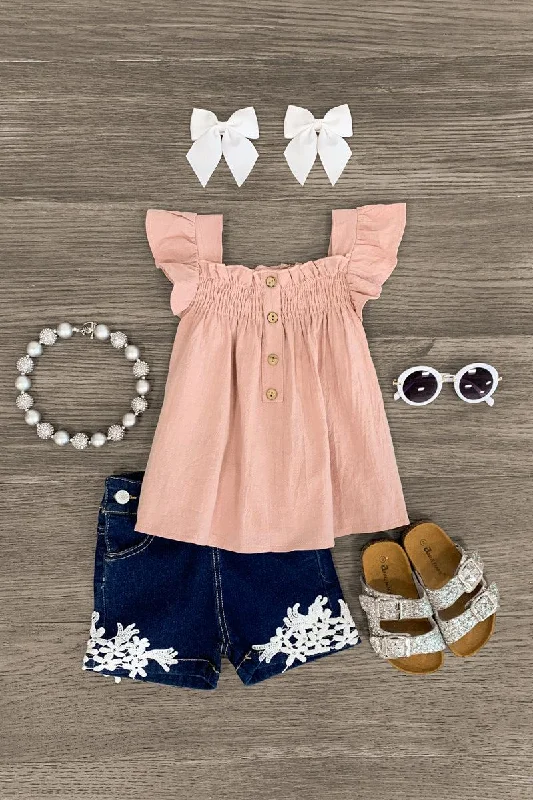 Pink Floral Lace Denim Short Set