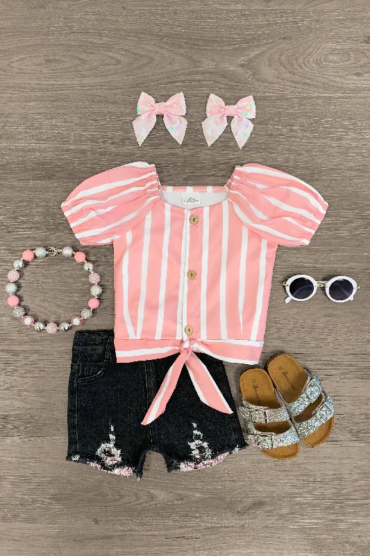 Pink Striped Sequin Distressed Denim Short Set