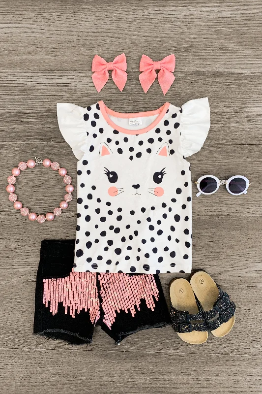 Polka Dot Kitty & Pink Sequin Denim Short Set