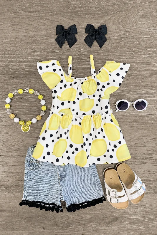 Polka Dot Lemon Denim Short Set