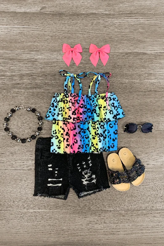 Rainbow Cheetah Tie Shoulder Denim Short Set