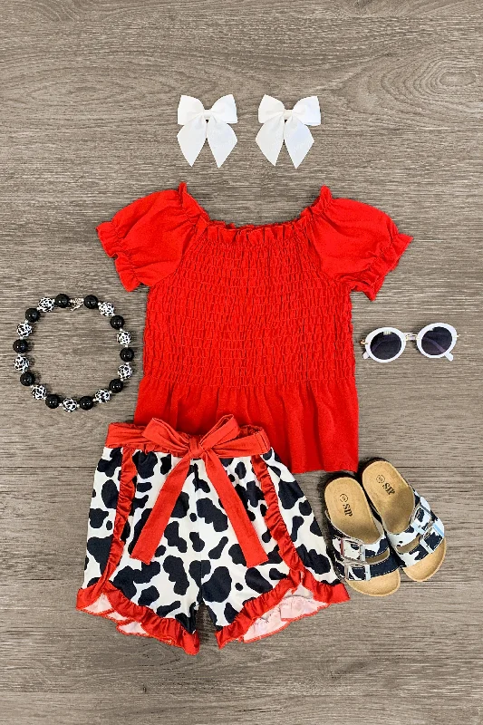 Red Cinch & Cow Print Short Set