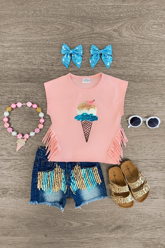 Sequin Ice Cream Cone Denim Short Set