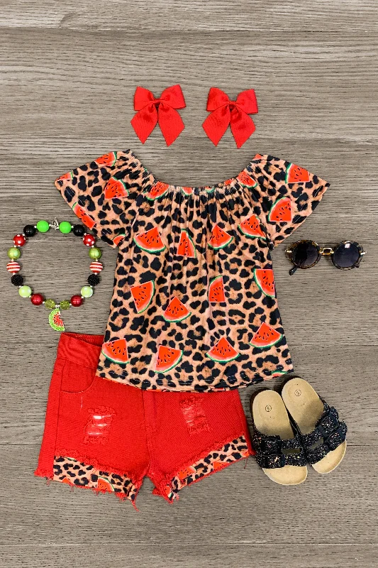 Watermelons & Leopard Denim Short Set