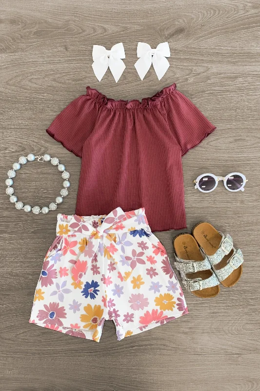 Burgundy Flower Tie Short Set