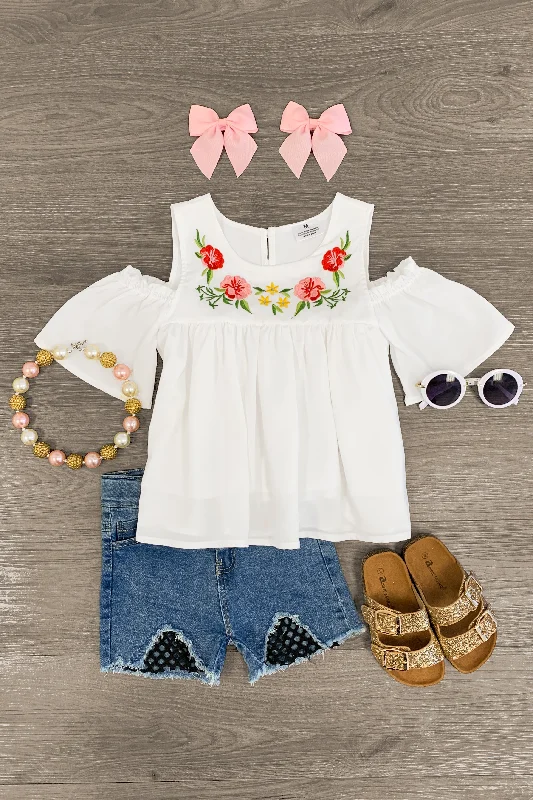 Flowy Floral Cold Shoulder Denim Short Set