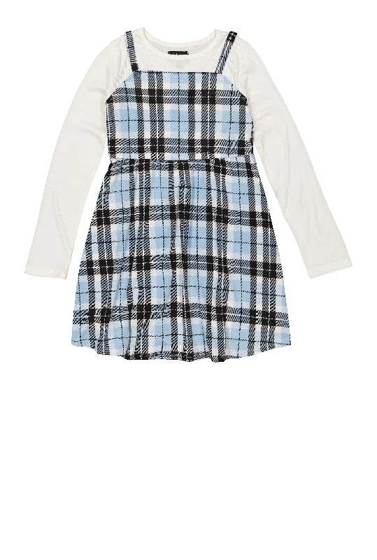 Girls Plaid Cami Dress with Long Sleeve Tee