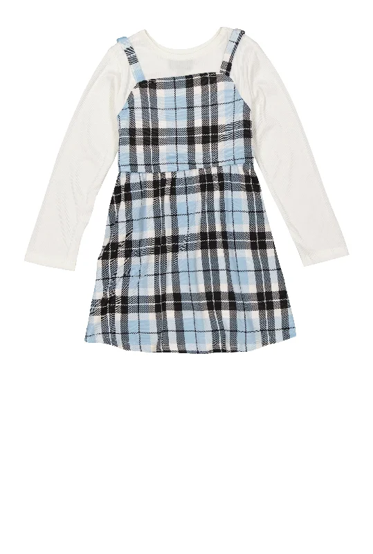 Little Girls Plaid Cami Dress with Long Sleeve Tee