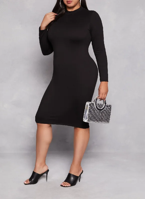 Plus Size Basic Mock Neck Long Sleeve Dress