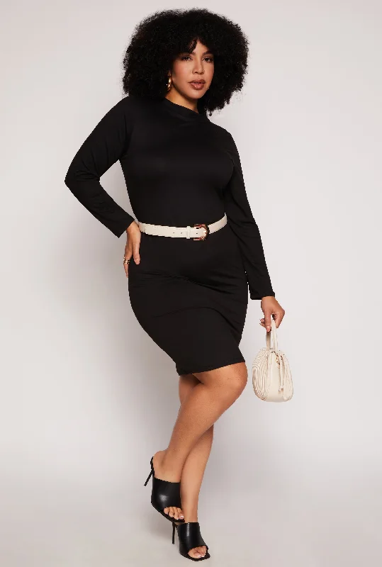 Plus Size Funnel Neck Long Sleeve Dress