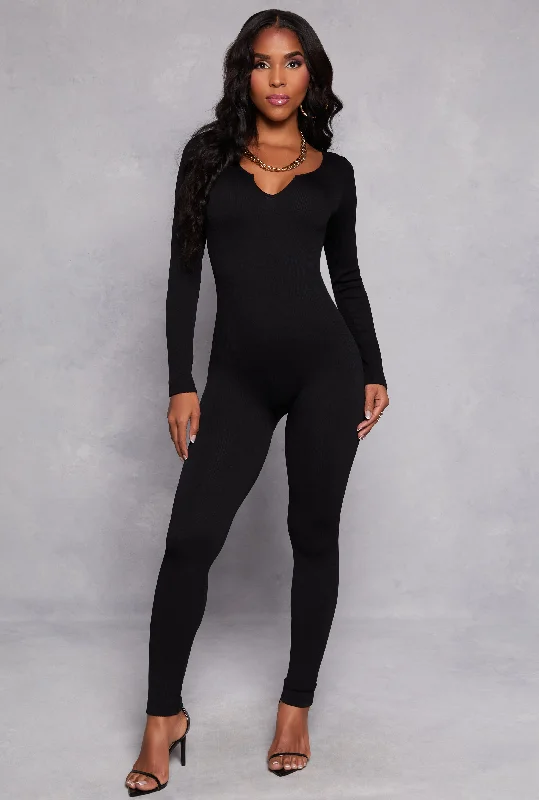 Ribbed Knit Notch Neck Long Sleeve Catsuit