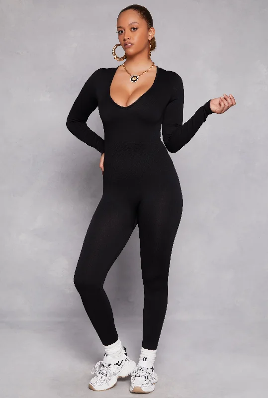 Seamless Rib Knit Plunge Long Sleeve Catsuit