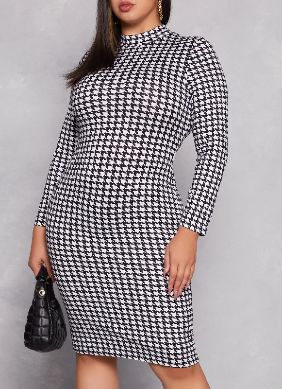 Plus Size Houndstooth Mock Neck Long Sleeve Dress