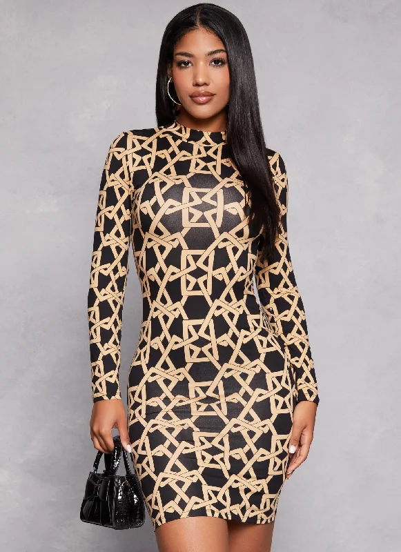 Printed Mock Neck Long Sleeve Dress