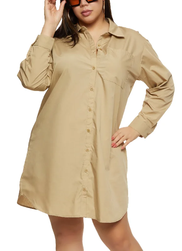 Plus Size Long Sleeve Poplin Shirt Dress