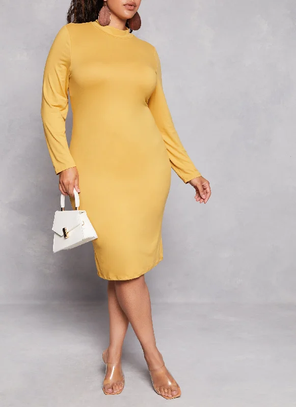 Plus Size Basic Mock Neck Long Sleeve Dress