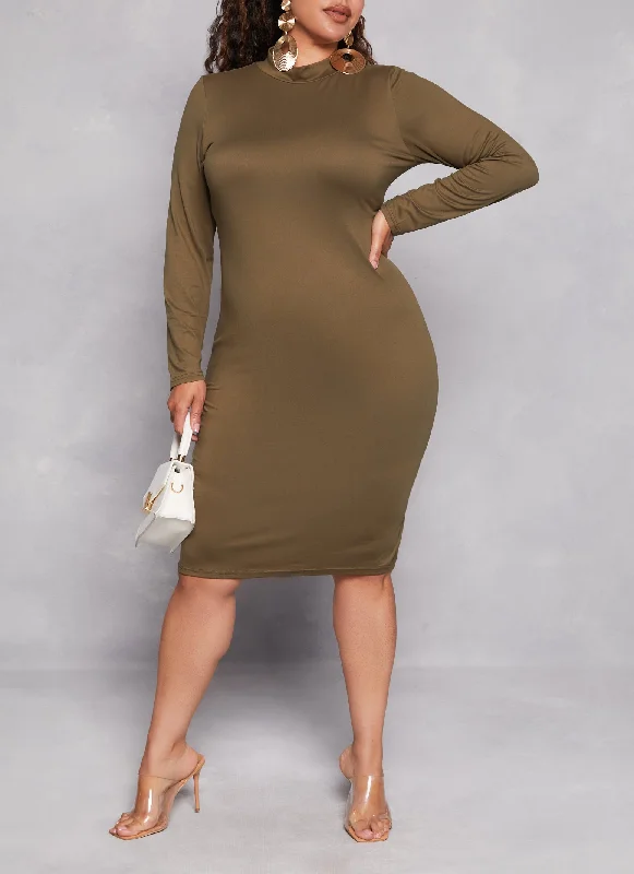 Plus Size Basic Mock Neck Long Sleeve Dress