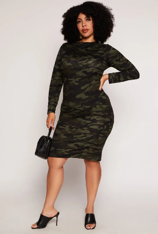 Plus Size Camo Long Sleeve Dress