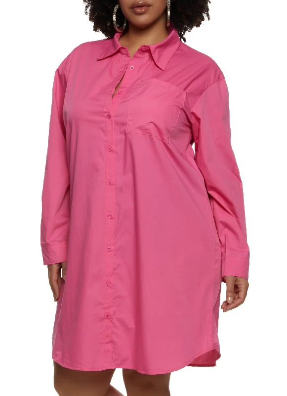 Plus Size Long Sleeve Poplin Shirt Dress