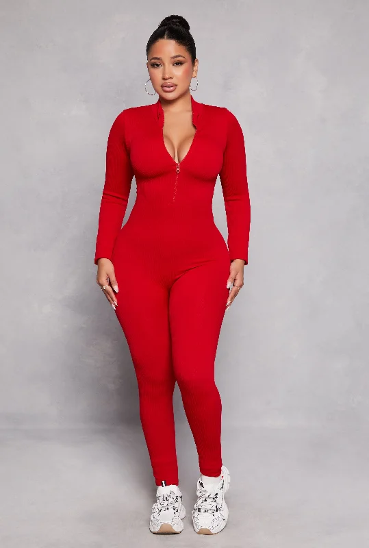 Ribbed Knit Half Zip Long Sleeve Catsuit