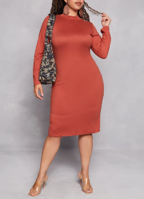 Plus Size Basic Mock Neck Long Sleeve Dress