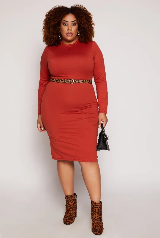 Plus Size Funnel Neck Long Sleeve Dress