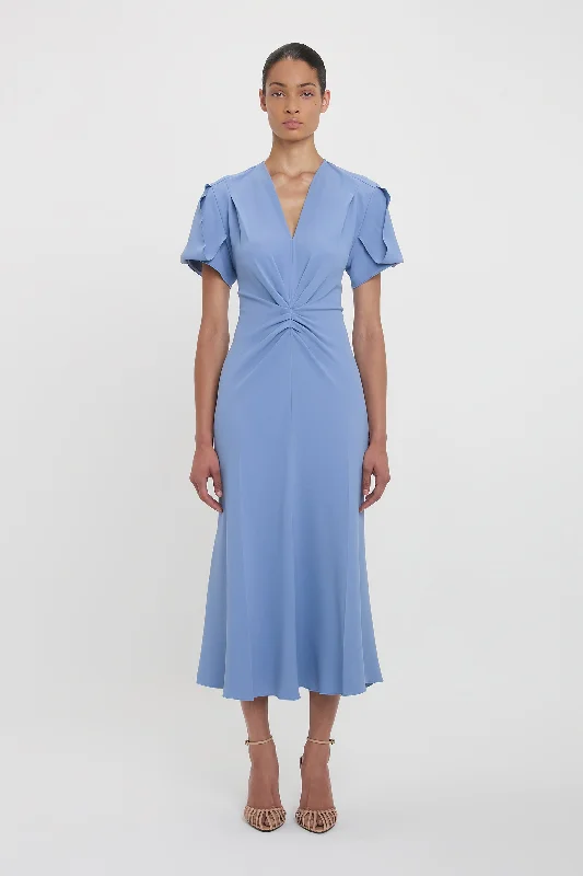 Gathered V-Neck Midi Dress In Bluebell