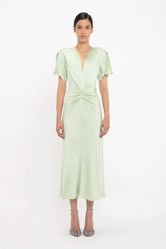 Gathered V-Neck Midi Dress In Jade