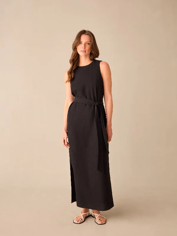 Petite Black Linen-blend Tie Waist Column Midi Dress