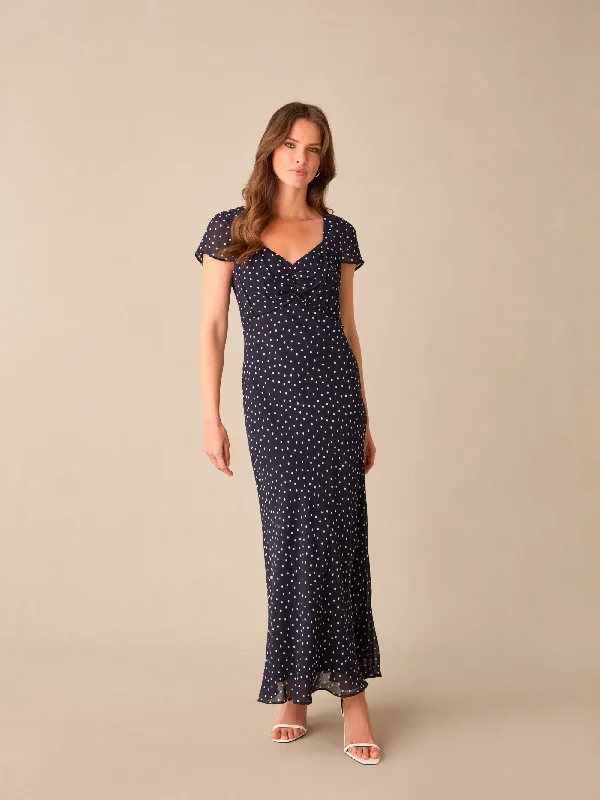 Petite Navy Spot Print Sweetheart Neckline Midi Dress