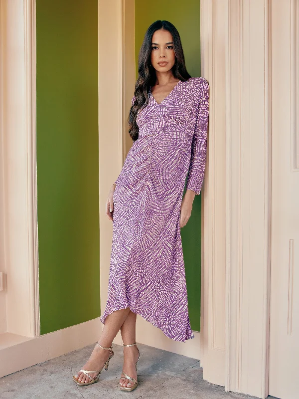 Purple Geo Print Ruched Front Midi Dress