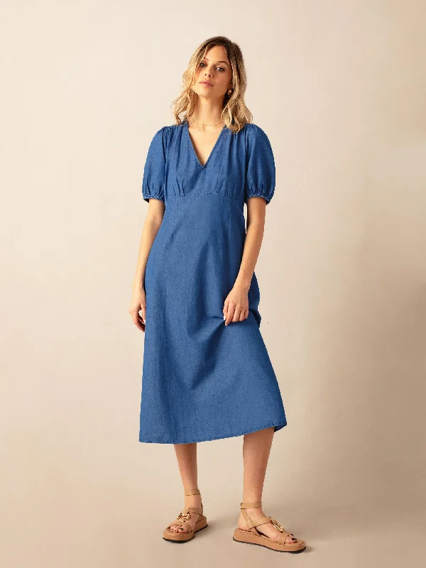 Denim Shirred Shoulder Midi Dress