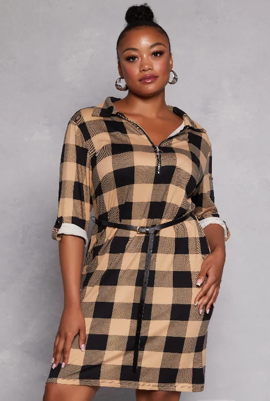 Plus Size Plaid Half Zip Belted Midi Dress